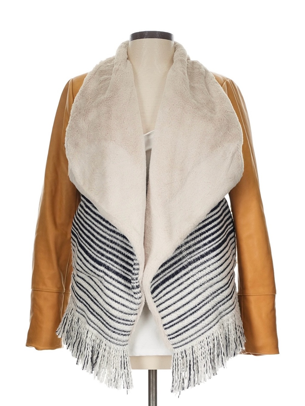 CHASER Faux-Shearling Draped Fringe Leather Jacket Camel Cream Largr